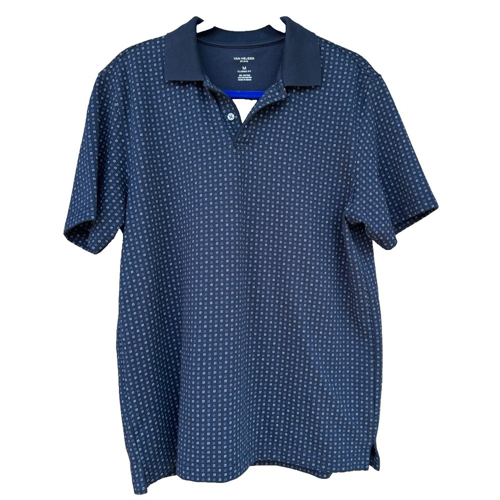 Van Heusen Flex Men's Polo Shirt M Blue Short Sleeve Classic Fit Golf Geometric